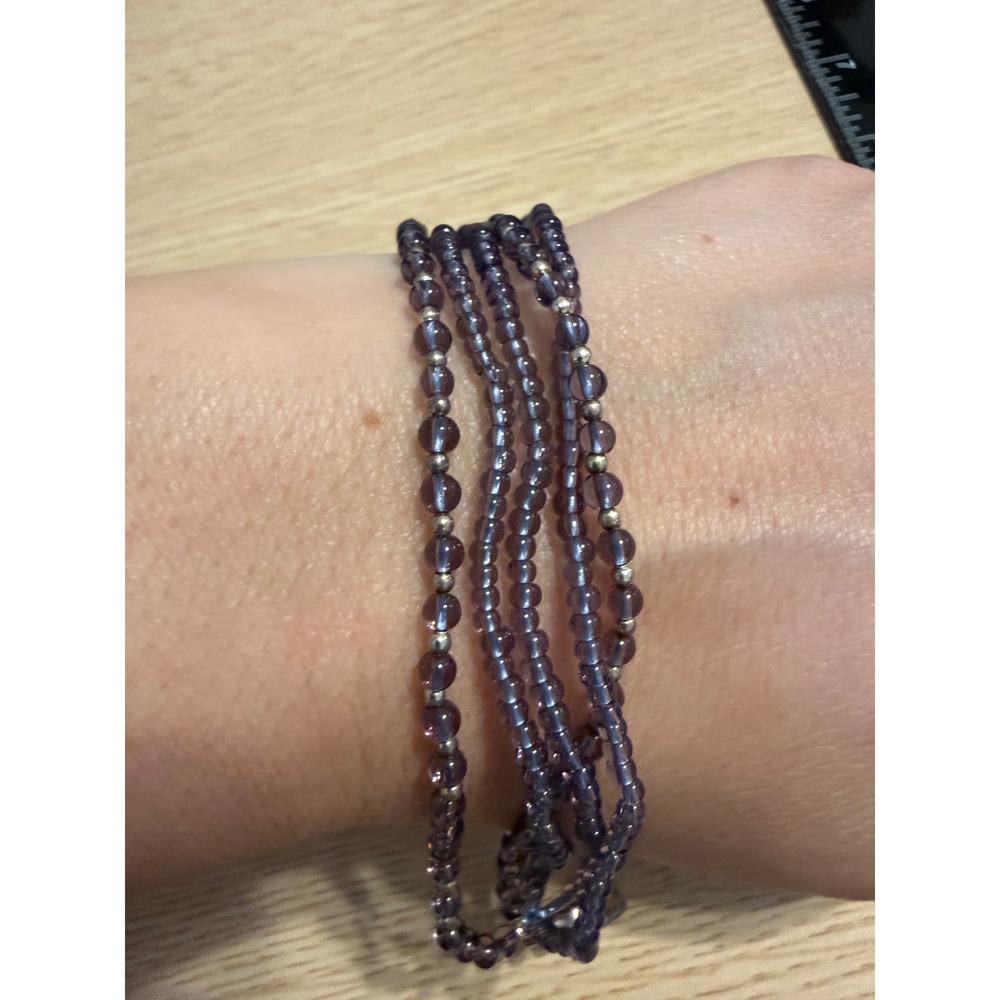 Smoky Purple Glass Bead Multi-Strand Bracelet Silver Tone Heart Clasp Adjustable